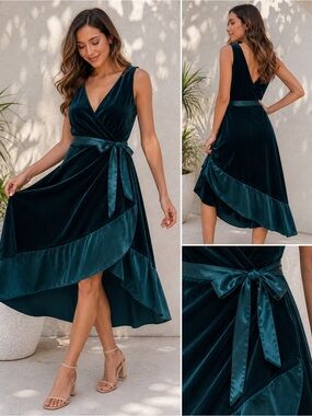 DKNY Emerald Velvet Wrap Dress High-Low Hem Size 16 NWT